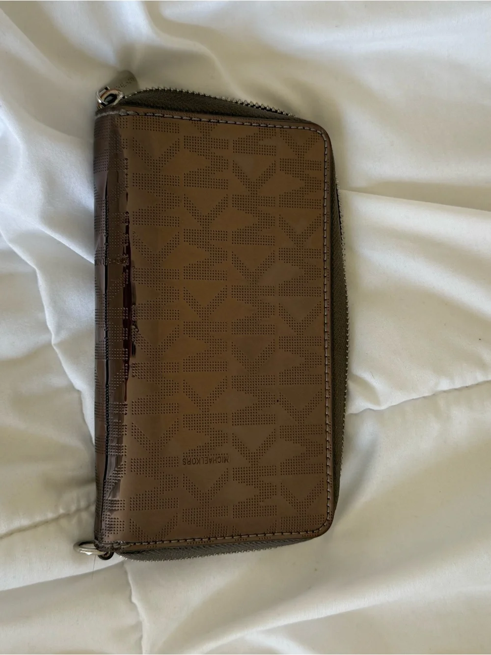 Michael Kors Brown Patent Zip Wallet with Gold Plate